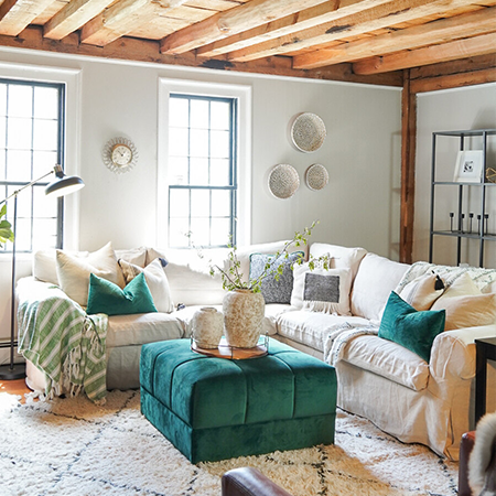 farmhouse look created with a shabby chic linen sofa cover