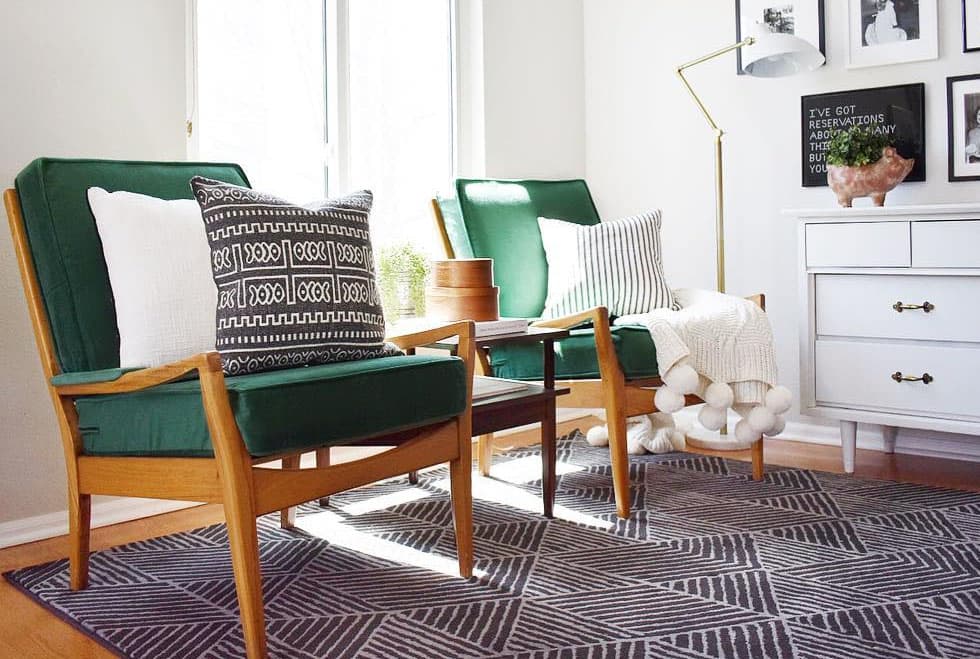 Custom Box Cushion Armchairs covered in Rouge Emerald velvet slipcover by Comfort Works