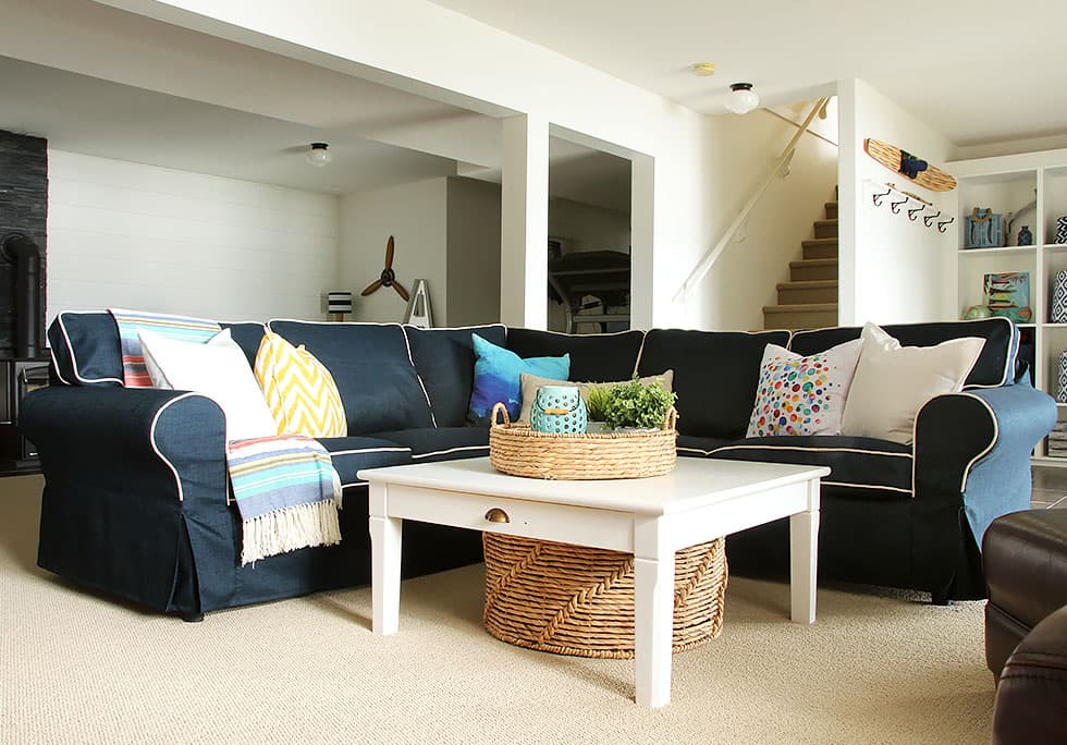 IKEA Ektorp corner sofa with a customised sofa cover and contrast piping, made by Comfort Works